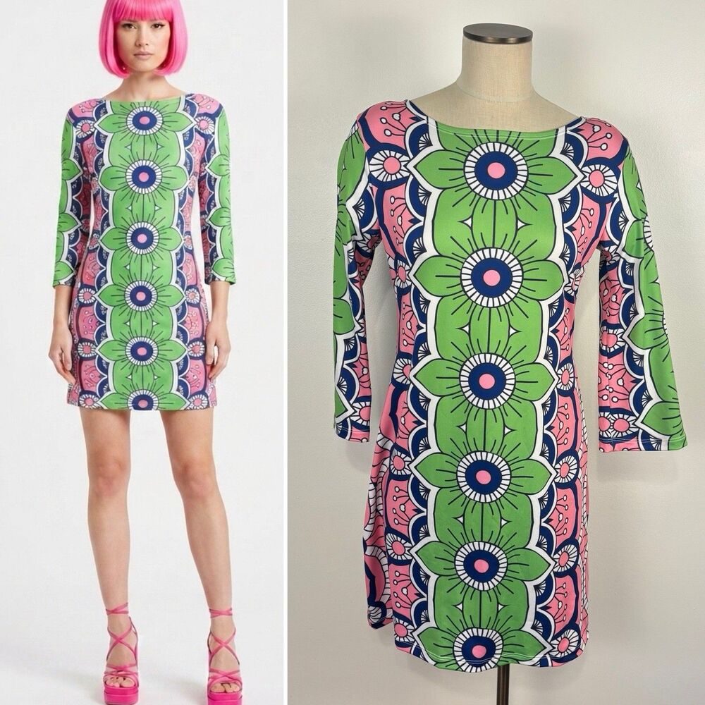 Michelle Parisou Womens S Green Pink Floral Geometric Mini Dress Mod Retro USA